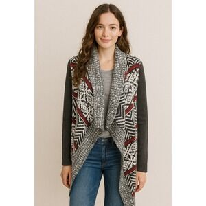 Dex ‎ Aztec Southwestern Knit Cardigan Nordic Fair Isle Gray Red Open Front S/P
